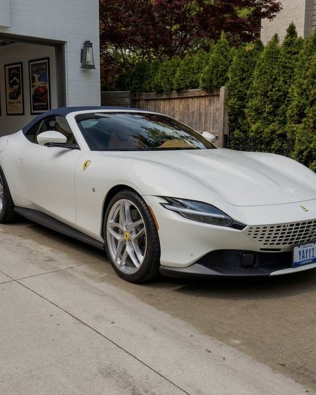 White Ferrari Roma in a driveway after ceramic coating