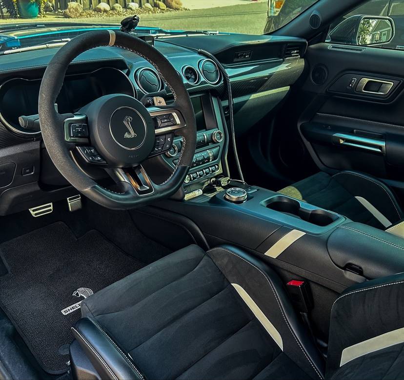 Detailed Shelby interior with a suede steering wheel