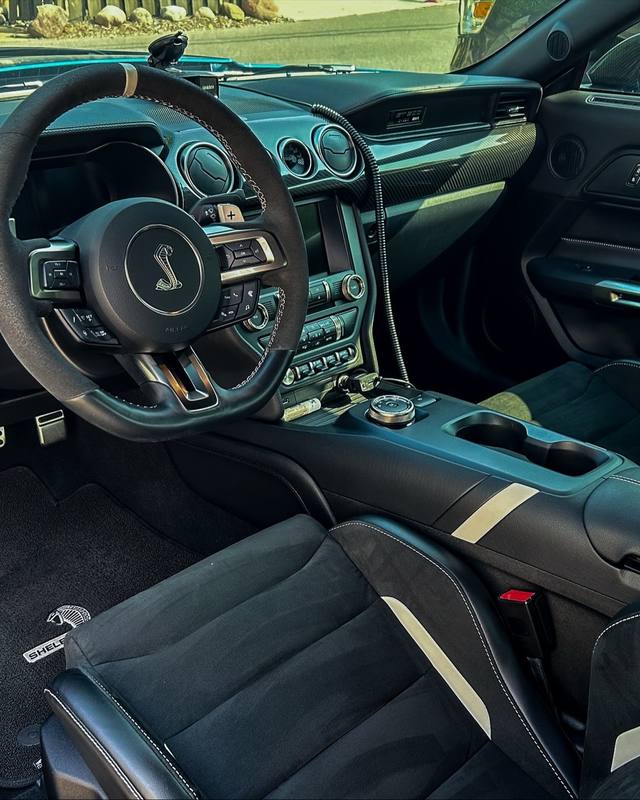 Detailed Shelby interior with a suede steering wheel
