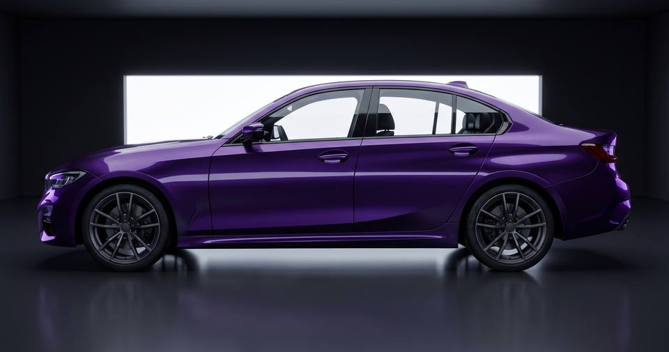 Illustration of a violet sedan in a studio, seen from the side, with the window glass shown at the shade you pick